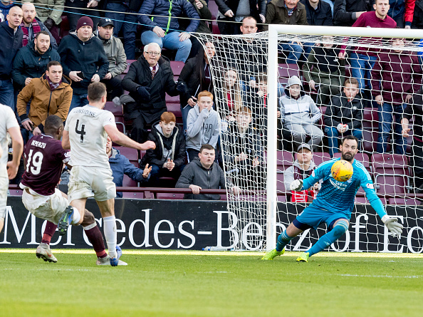 30th March 2019, Tynecastle Park, Edinburgh, Scotland; Ladbrokes Premiership football, Heart of Midlothian versus Aberdeen; Uche Ikpeazu of Hearts scores his sides second goal which made it 2-1