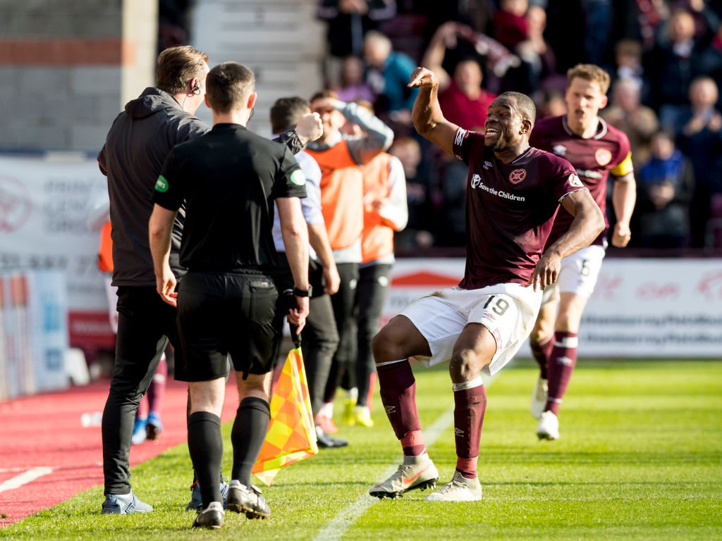 30th March 2019, Tynecastle Park, Edinburgh, Scotland; Ladbrokes Premiership football, Heart of Midlothian versus Aberdeen; Uche Ikpeazu of Hearts celebrates after scoring his sides second goal which made it 2-1