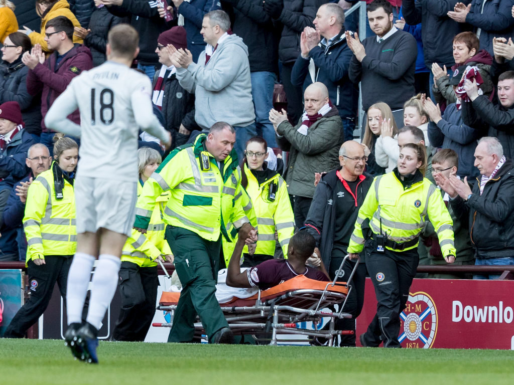 30th March 2019, Tynecastle Park, Edinburgh, Scotland; Ladbrokes Premiership football, Heart of Midlothian versus Aberdeen; Uche Ikpeazu of Hearts is stretchered off after head injury