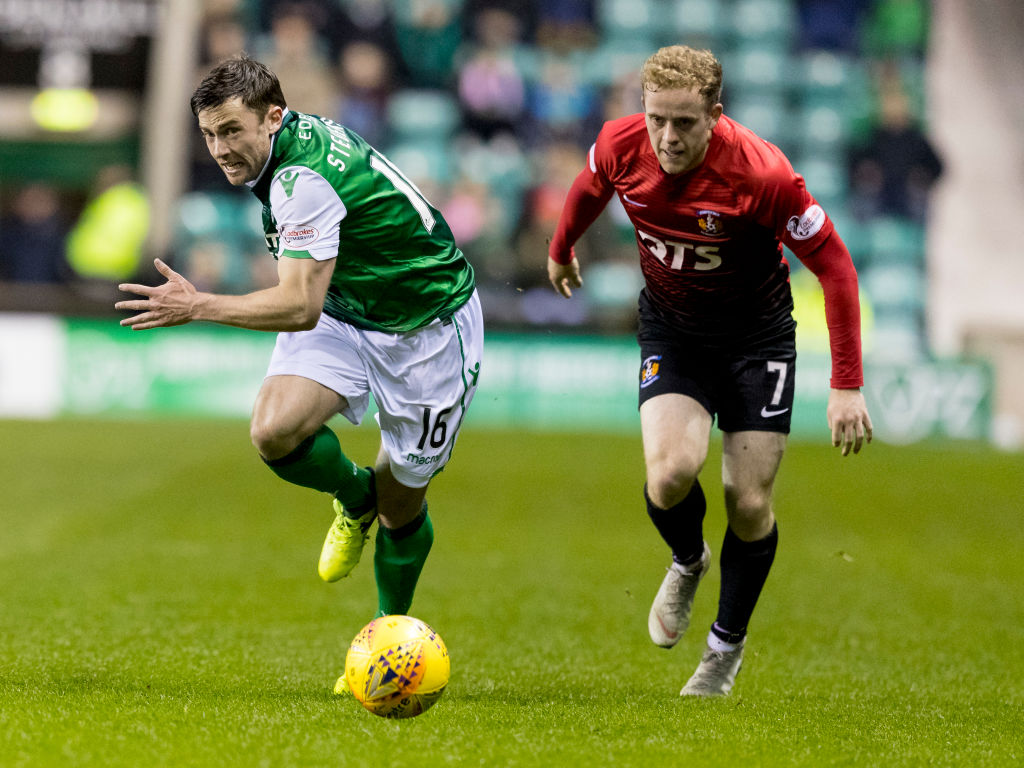 3rd April 2019, Easter Road, Edinburgh, Scotland; Ladbrokes Premiership football, Hibernian versus Kilmarnock; Lewis Stevenson of Hibernian and Rory McKenzie of Kilmarnock