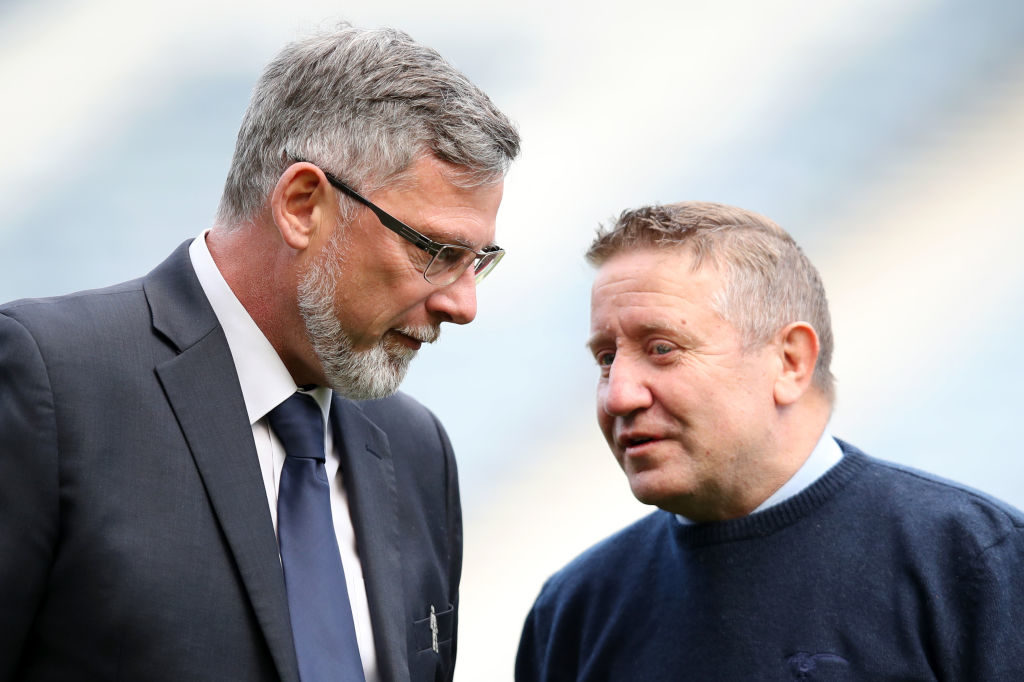 GLASGOW, SCOTLAND - APRIL 13: Craig Levein, Manager of Hearts speaks with John Robertson, Manager of Inverness Caledonian Thistle prior to the Scottish Cup Semi Final match between Heart of Midlothian and Inverness Caledonian Thistle at Hampden Park on April 13, 2019 in Glasgow, Scotland.