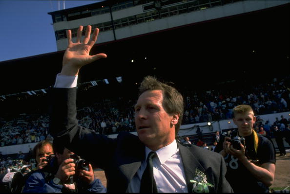 1988:  Billy McNeill Manager of the Celtic team waves to the crowd in celebration afterm winning the Scottish Cup Final match against Dundee United...