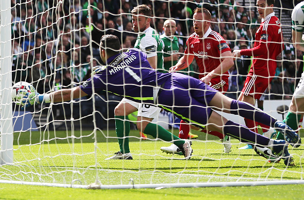 GLASGOW, SCOTLAND - APRIL 22: Ofir Marciano of Hibernian is beaten by the shot of Ryan Christie of Aberdeen during the William Hill Scottish Cup semi-final match between Hibernian and Aberdeen at Hampden Park on April 22, 2017 in Glasgow, Scotland.