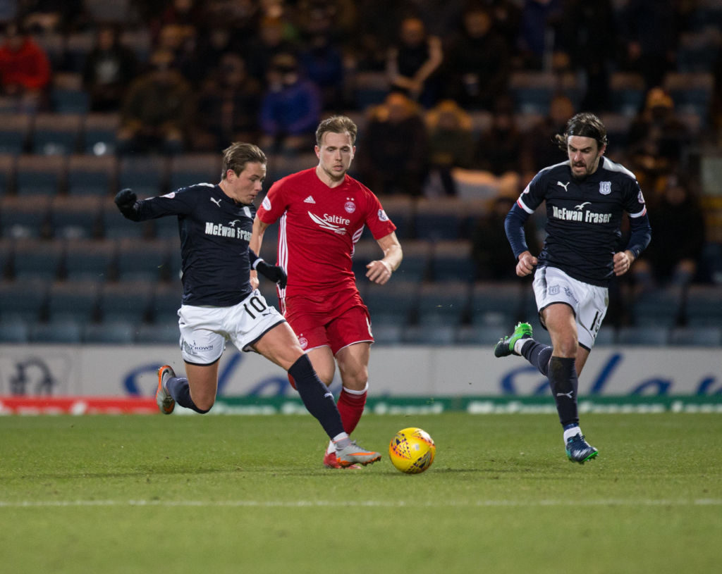 8th December 2017, Dens Park, Dundee, Scotland; Scottish Premier League football, Dundee versus Aberdeen; Dundees Scott Allan goes past Aberdeens Greg Stewart as Jon Aurtenetxe watches