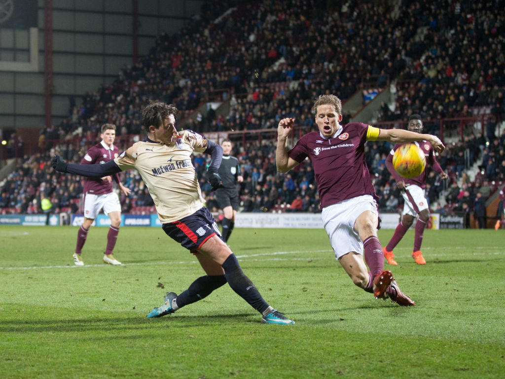 12th December 2017, Tynecastle Park, Edinburgh, Scotland; Scottish Premier League football, Heart of Midlothian versus Dundee; Hearts Christophe Berra blocks Dundees Scott Allan's shot