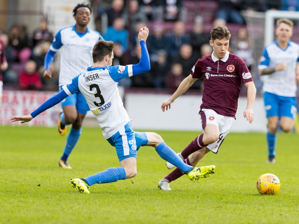 10th February 2018, Tynecastle Park, Edinburgh, Scotland; Scottish Cup football 5th round, Hearts versus St Johnstone; Anthony McDonald of Hearts gets past Scott Tanser of St Johnstone