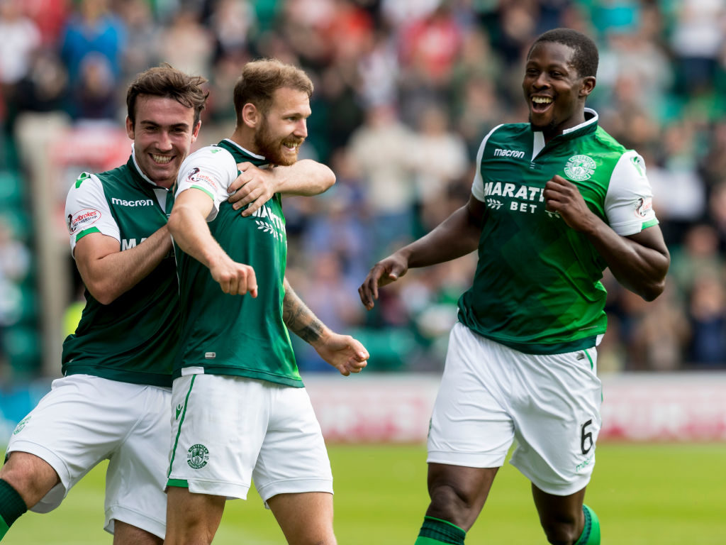 5th August 2018, Easter Road, Edinburgh, Scotland; Ladbrokes Premiership football, Hibernian versus Motherwell; Martin Boyle of Hibernian celebrates after scoring Hibernian third goal with Stevie Mallan and Marvin Bartley of Hibernian in the 51st minute