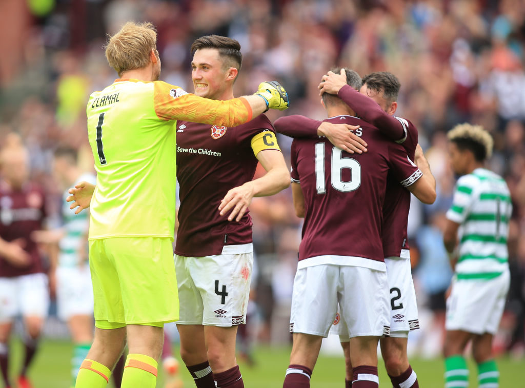 11th August 2018, Tynecastle Park, Edinburgh, Scotland; Ladbrokes Premiership football, Heart of Midlothian versus Celtic; Zdenek Zlamal hugs John Souttar after the win