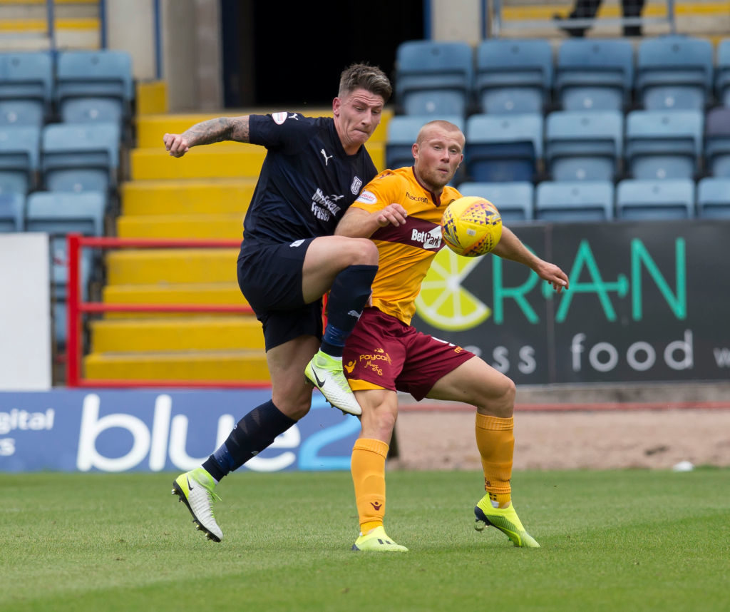 1st September 2018, Dens Park, Dundee, Scotland; Ladbrokes Premiership football, Dundee versus Motherwell; Josh Meekings of Dundee challenges for the ball with Curtis Main of Motherwell