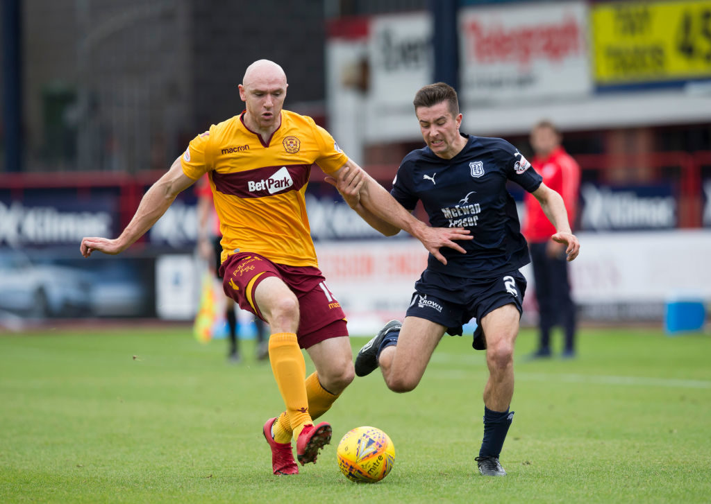 1st September 2018, Dens Park, Dundee, Scotland; Ladbrokes Premiership football, Dundee versus Motherwell; Conor Sammon of Motherwell challenges for the ball with Cammy Kerr of Dundee