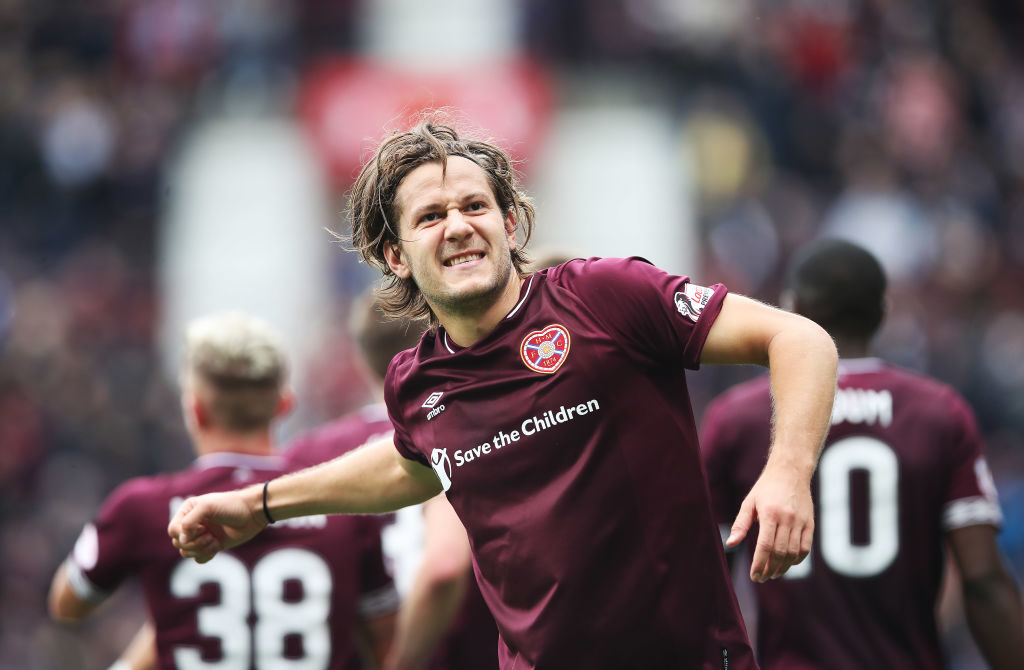 EDINBURGH, SCOTLAND - SEPTEMBER 29: Peter Haring of Heart of Midlothian celebrates scoring the opening goal during the Ladbrokes Premiership match between Heart of Midlothian and St Johnstone at Tynecastle Stadium on September 29, 2018 in Edinburgh, Scotland.