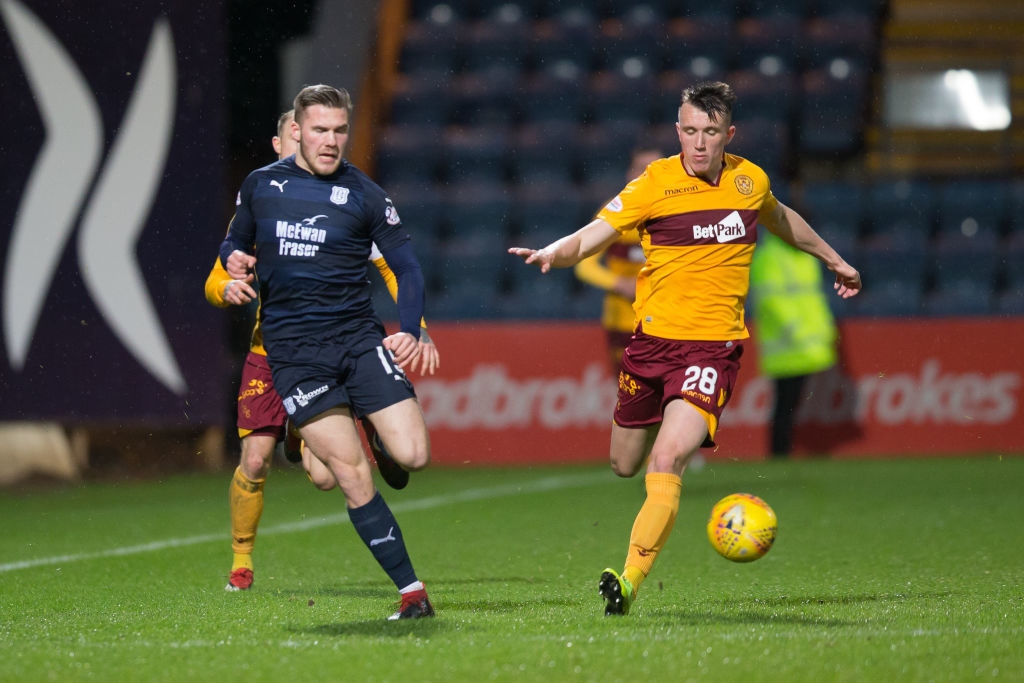 26th January 2019, Dens Park, Dundee, Scotland; Ladbrokes Premiership football, Dundee versus Motherwell; Benjamin Kallman of Dundee and David Turnbull of Motherwell