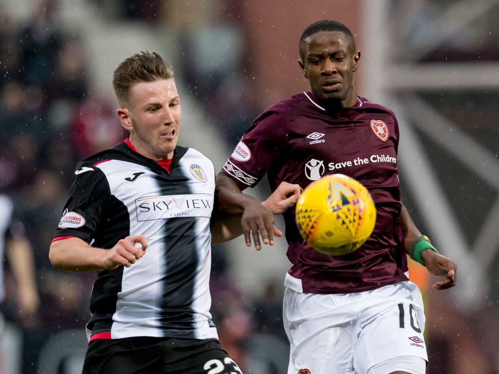 23rd February 2019, Tynecastle Park, Edinburgh, Scotland; Ladbrokes Premiership football, Heart of Midlothian versus St Mirren; Kyle McAllister of St Mirren and Arnaud Djoum of Hearts