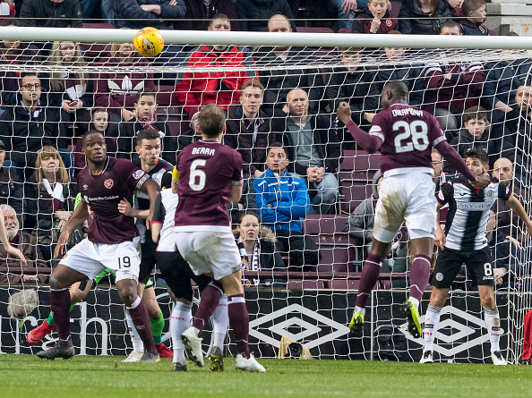 23rd February 2019, Tynecastle Park, Edinburgh, Scotland; Ladbrokes Premiership football, Heart of Midlothian versus St Mirren; Clevid Dikamona of Hearts scores the opening goal for Hearts for 1-0 in minute 56