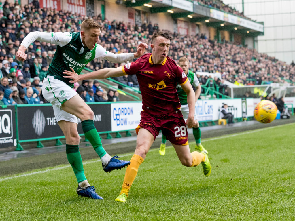 16th March 2019, Easter Road, Edinburgh, Scotland; Ladbrokes Premiership football, Hibernian versus Motherwell; Vykintas Slivka of Hibernian and David Turnbull of Motherwell
