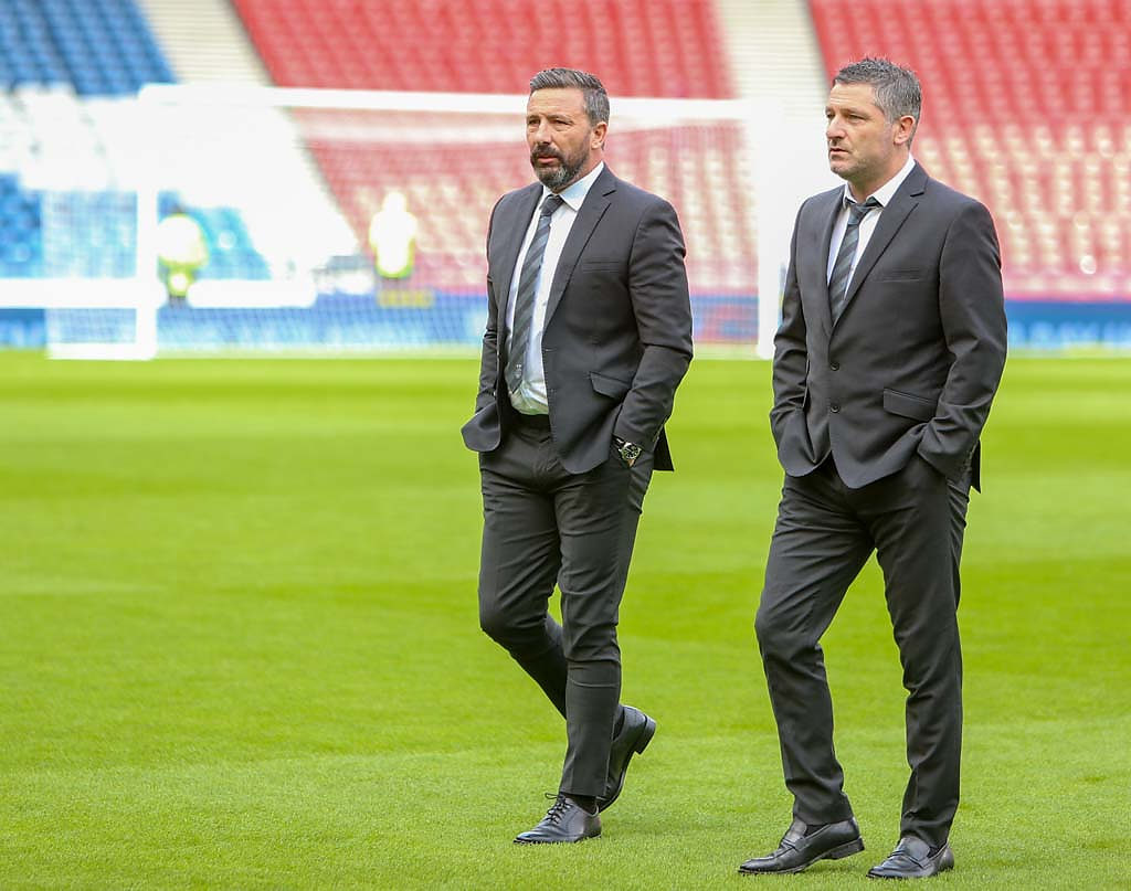 14th April 2019, Hampden Park, Glasgow, Scotland; Scottish Cup football, semi final, Aberdeen versus Celtic; Aberdeen Manager Derek McInnes with Assistant Manager Tony Docherty