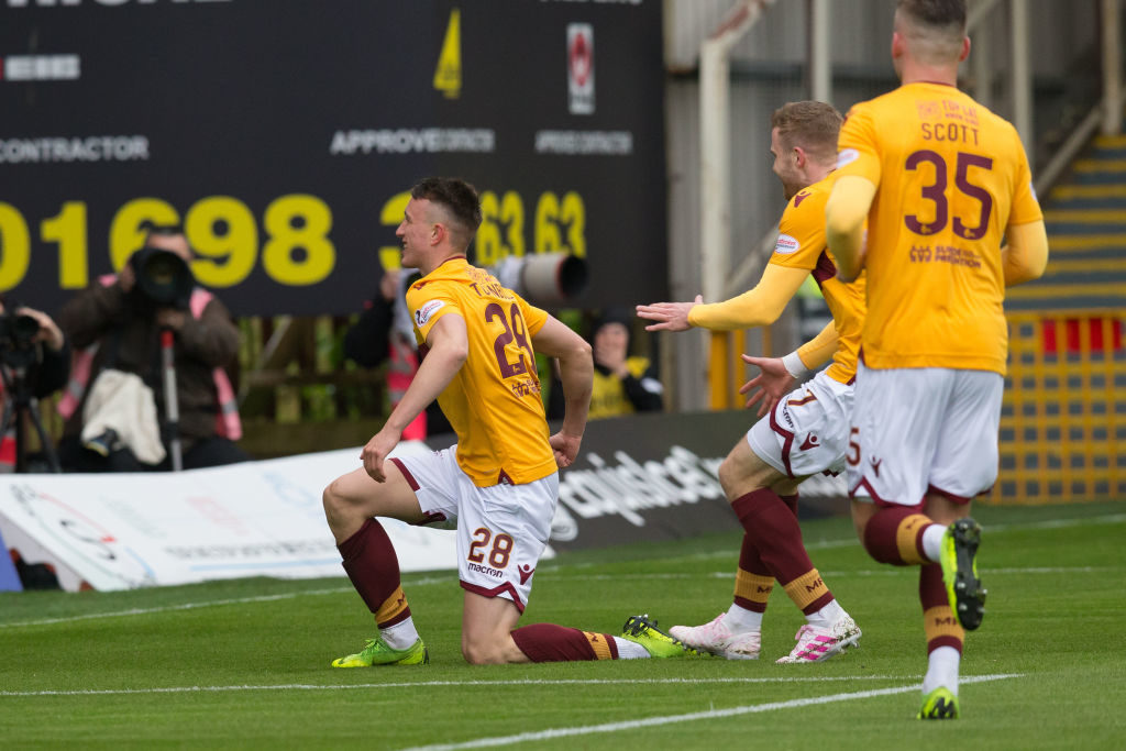 27th April 2019, Fir Park, Motherwell, Scotland; Ladbrokes Premiership football, Motherwell versus Dundee; David Turnbull of Motherwell celebrates after scoring for 1-1 in the 11th minute