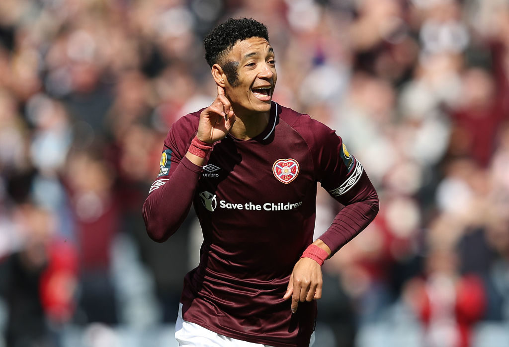 GLASGOW, SCOTLAND - APRIL 13: Sean Clare of Heart of Midlothian celebrates after he scores his side's third goal during the William Hill Scottish Cup semi final between Hearts of Midlothian and Inverness Caledonian Thistle at Hampden Park on April 13, 2019 in Glasgow, Scotland.