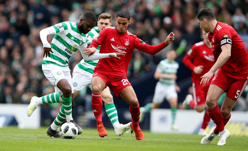 GLASGOW, SCOTLAND - APRIL 14: Odsonne Edouard of Celtic is challenged by Max Lowe of Aberdeen during the Scottish Cup semi-final between Aberdeen and Celtic at Hampden Park on April 14, 2019 in Glasgow, Scotland.