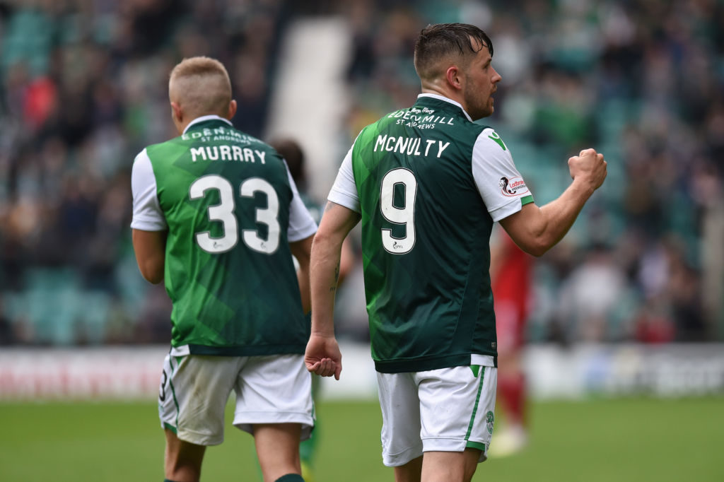 EDINBURGH, SCOTLAND - MAY 19: Mark McNulty (R) of Hibernian FC celebrates with the fans after his goal during the Ladbrokes Premiership match between Hibernian and Aberdeen at Easter Road on May 19, 2019 in Edinburgh, United Kingdom.