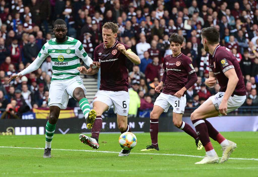 GLASGOW, SCOTLAND - MAY 25: Odsonne Edouard of Celtic is challenged by Christophe Berra of Hearts during the Scottish Cup Final between Heart of Midlothian FC anGLASGOW, SCOTLAND - MAY 25: Odsonne Edouard of Celtic is challenged by Christophe Berra of Hearts during the Scottish Cup Final between Heart of Midlothian FC and Celtic FC at Had Celtic FC at Ha