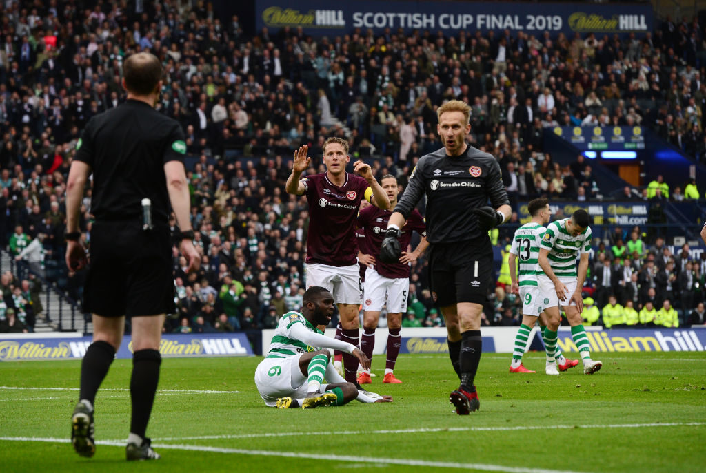 GLASGOW, SCOTLAND - MAY 25: Odsonne Edouard of Celtic is fouled resulting in a penalty to Celtic during the Scottish Cup Final between Heart of Midlothian FC and Celtic FC at Hampden Park on May 25, 2019 in Glasgow, Scotland.
