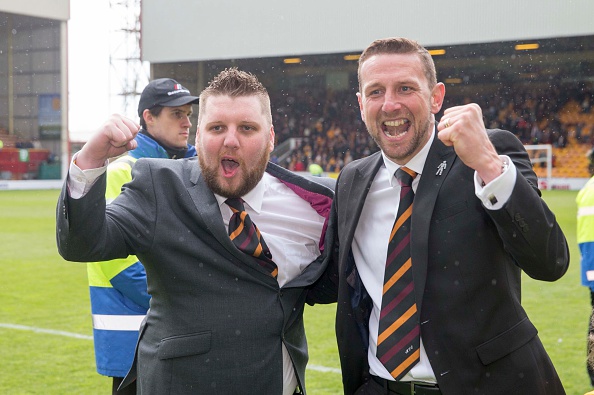 MOTHERWELL, SCOTLAND - MAY 31: Motherwell general manager Alan Burrows with team boss Ian Baraclough celebrate at end of the Scottish Premiership play-off final 2nd leg between Motherwell and Rangers at Fir Park on May 31, 2015 in Motherwell, Scotland.
