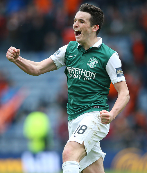 GLASGOW, SCOTLAND - APRIL 16: John McGinn of Hibernian celebrates scoring a penalty during the penalty shoot out during the Scottish Cup Semi Final between Hibernian and Dundee United at Hampden Park on April 16, 2016 in Glasgow, Scotland.