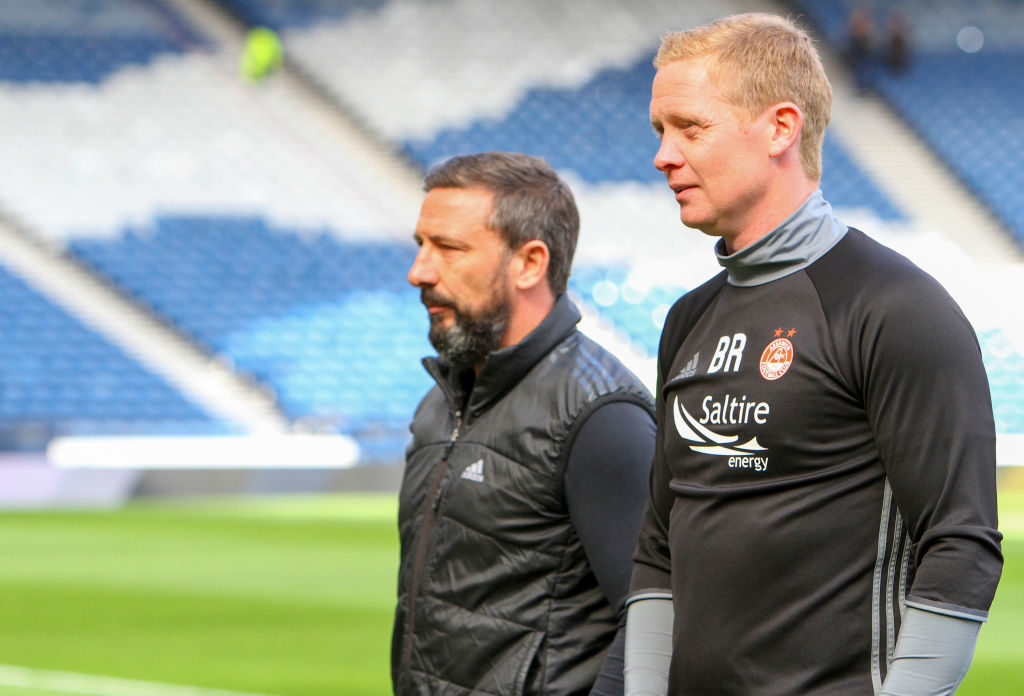 April 22nd 2017, Hampden Park, Glasgow, Scotland; S ottish Cup semi-final football, Hibernian versus Aberdeen; Derek McInnes and Barry Robson inspect the pitch before kickoff