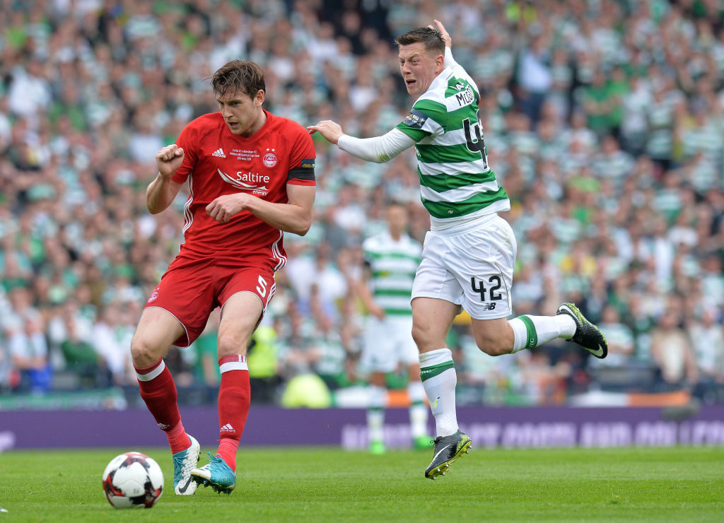 GLASGOW, SCOTLAND - MAY 27: Callum McGregor of Celtic challenges Ash Taylor of Aberdeen for the ball during the William Hill Scottish Cup Final between Aberdeen and Celtic at Hampden Park on May 27, 2017 in Glasgow, Scotland.