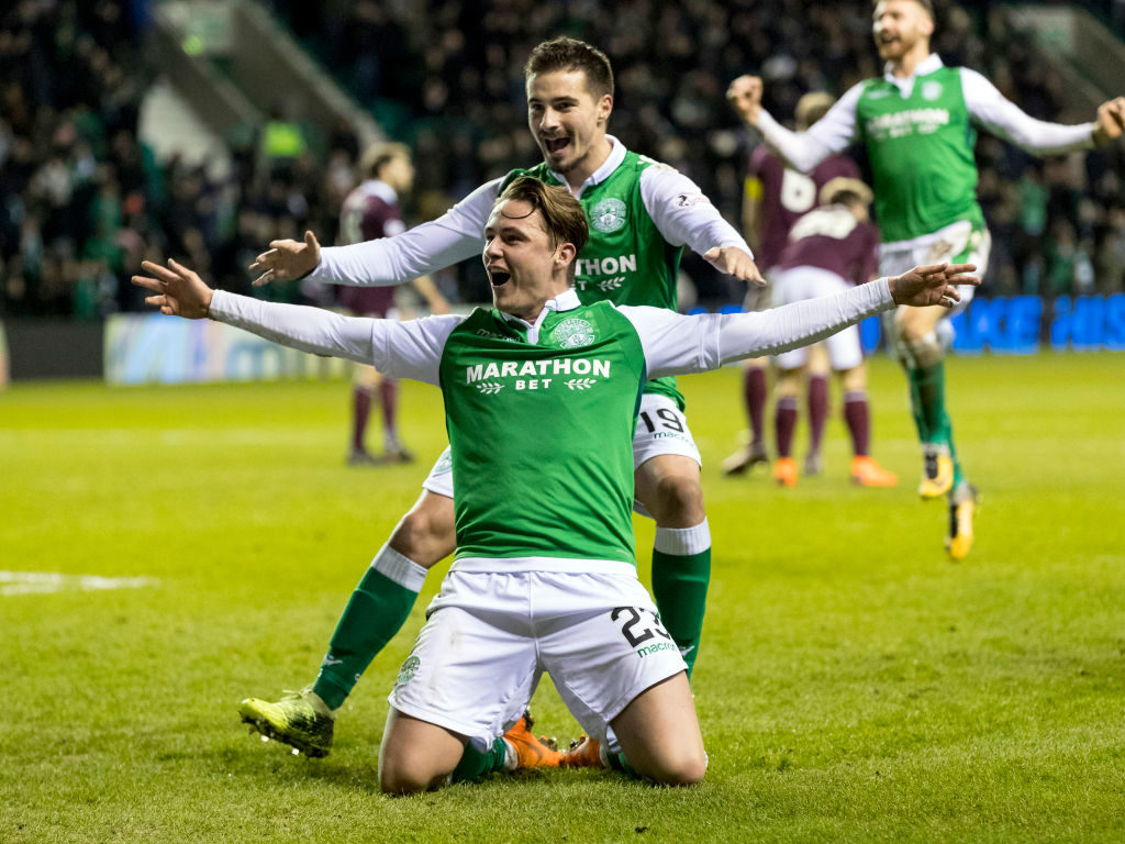 9th March 2018, Easter Road, Edinburgh, Scotland; Scottish Premier League football, Hibernian versus Heart of Midlothian; Scott Allan of Hibernian celebrates after scoring opening goal with Jamie Maclaren of Hibernian