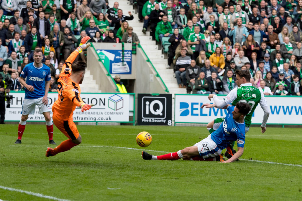13th May 2018, Easter Road, Edinburgh, Scotland; Scottish Premier League football, Hibernian versus Rangers; Scott Allan of Hibernian scores Hibs second goal in the 18th minute