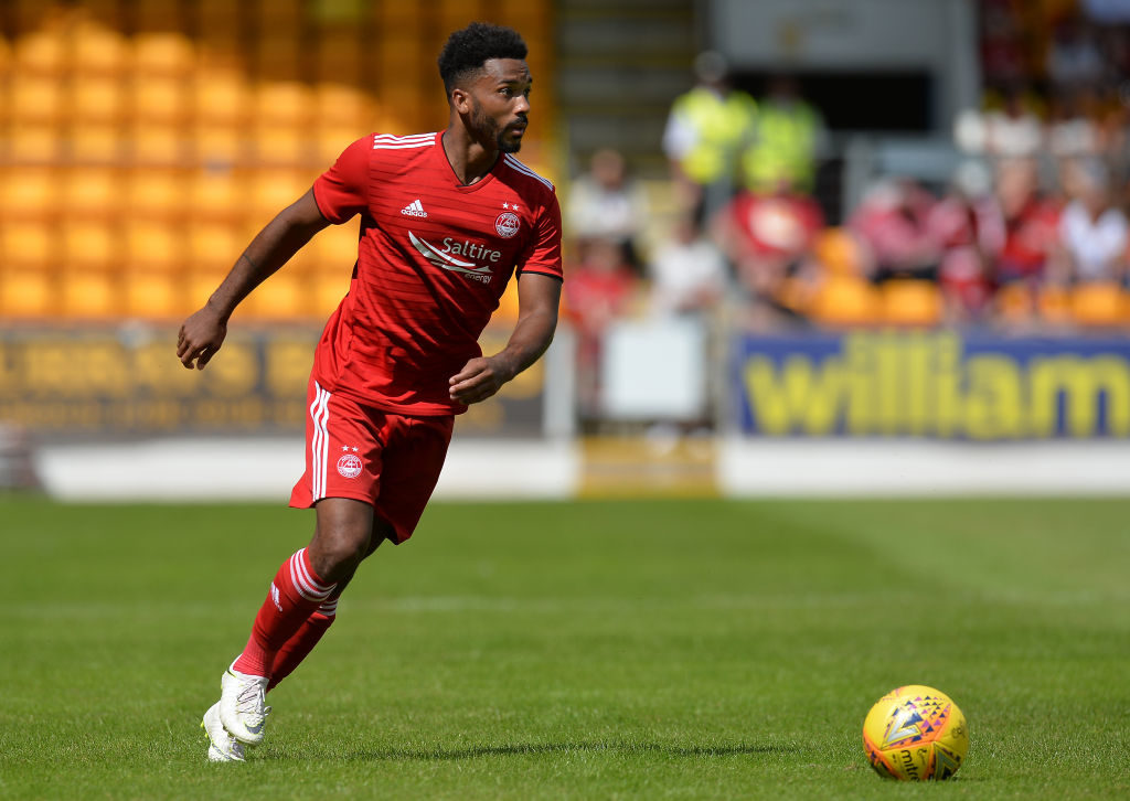 PERTH, SCOTLAND - JULY 08: Shay Logan of Aberdeen in action during the Pre-Season Friendly between St Johnstone and Aberdeen at McDiarmid Park on July 8, 2018 in Perth, Scotland.