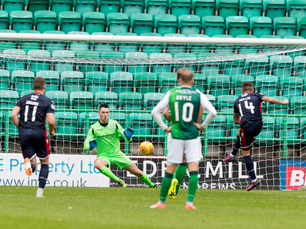 19th August 2018, Easter Road, Edinburgh, Scotland; Scottish League Cup second round, Hibernian versus Ross County; Josh Mullin of Ross County makes it 1-2 from the penalty spot as he puts his shot past keeper Laidlaw in the 64th minute