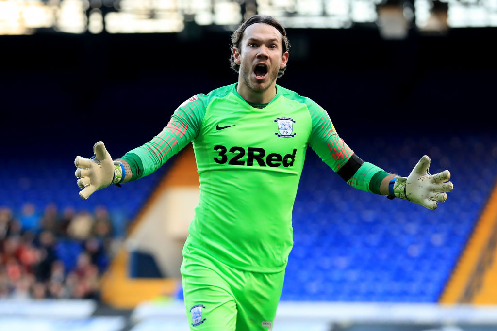 3rd November 2018, Portman Road, Ipswich, England; EFL Championship football, Ipswich Town versus Preston North End; Chris Maxwell of Preston North End reacts as he gives away a penalty
