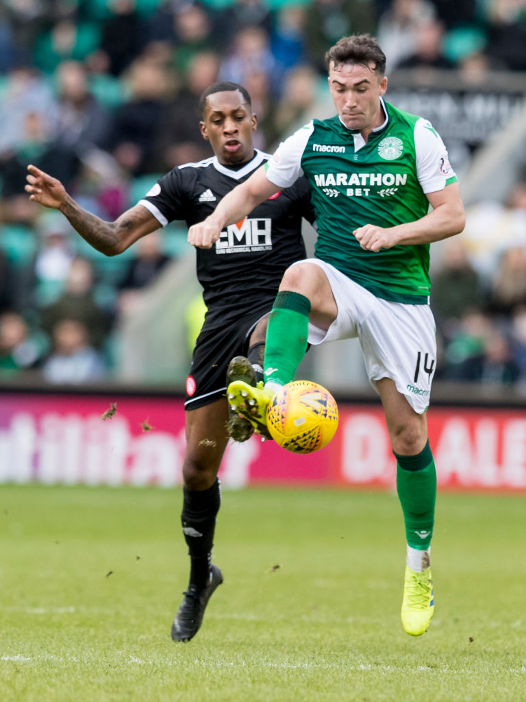 16th February 2019, Easter Road, Edinburgh, Scotland; Ladbrokes Premiership football, Hibernian versus Hamilton Academical; Stevie Mallan of Hibernian and Mickel Miller of Hamilton compete for possession of the ball