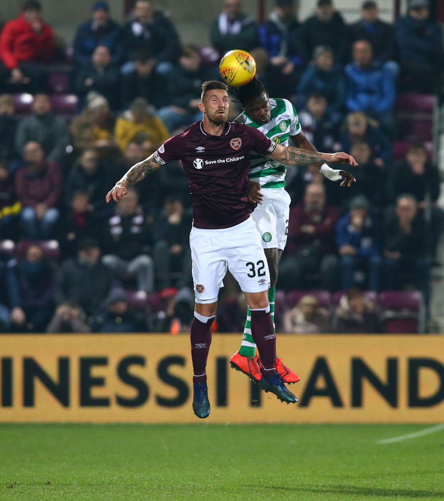 27th February 2019, Tynecastle Park, Edinburgh, Scotland; Ladbrokes Premiership football, Heart of Midlothian versus Celtic; David Vanecek of Heart of Midlothian and Dedryck Boyata of Celtic challenge in the air