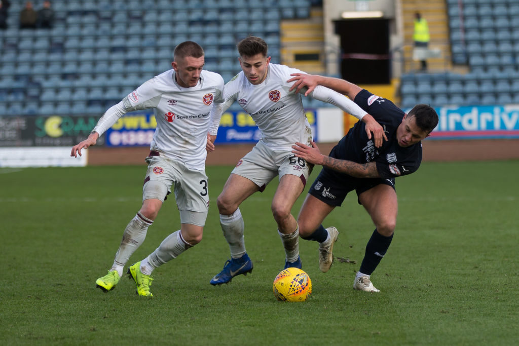 9th March 2019, Dens Park, Dundee, Scotland; Ladbrokes Premiership football, Dundee versus Heart of Midlothian; John O'Sullivan of Dundee challenges for the ball with Marcus Godinho and Callumn Morrison of Hearts