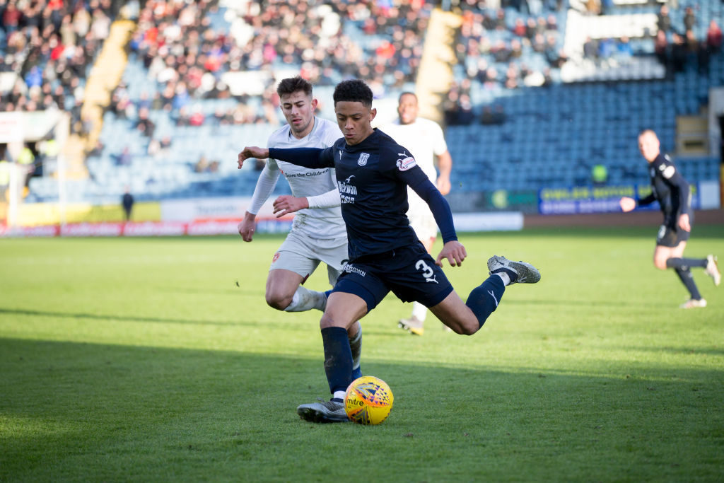 9th March 2019, Dens Park, Dundee, Scotland; Ladbrokes Premiership football, Dundee versus Heart of Midlothian; Nathan Ralph of Dundee goes past Marcus Godinho of Heart of Midlothian for a shot