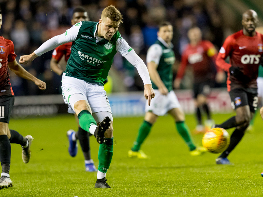 3rd April 2019, Easter Road, Edinburgh, Scotland; Ladbrokes Premiership football, Hibernian versus Kilmarnock; Florian Kamberi of Hibs takes a shot at goal