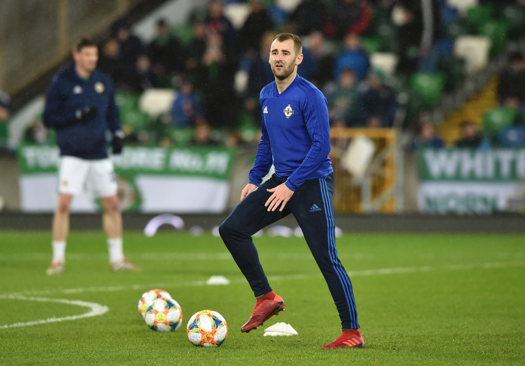BELFAST, NORTHERN IRELAND - MARCH 24: Niall McGinn of Northern Ireland warms up prior to the 2020 UEFA European Championships Group C qualifying match between Northern Ireland and Belarus at Windsor Park on March 24, 2019 in Belfast, United Kingdom.