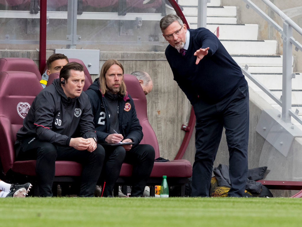 4th May 2019, Tynecastle Park, Edinburgh, Scotland; Ladbrokes Premiership football, Heart of Midlothian versus Kilmarnock; Craig Levein manager of Hearts in dugout with Austin McPhee assistant manager of Hearts and Jon Daly