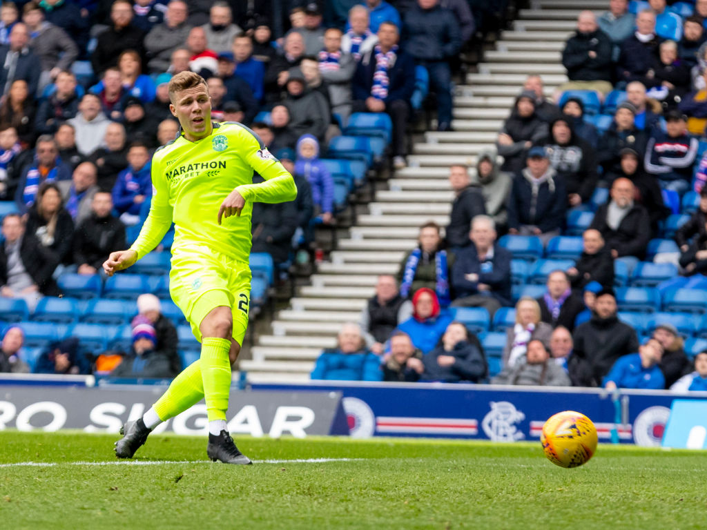 5th May 2019, Ibrox Stadium, Glasgow, Scotland; Ladbrokes Premiership football, Rangers versus Hibernian; Florian Kamberi of Hibernian takes a shot at goal
