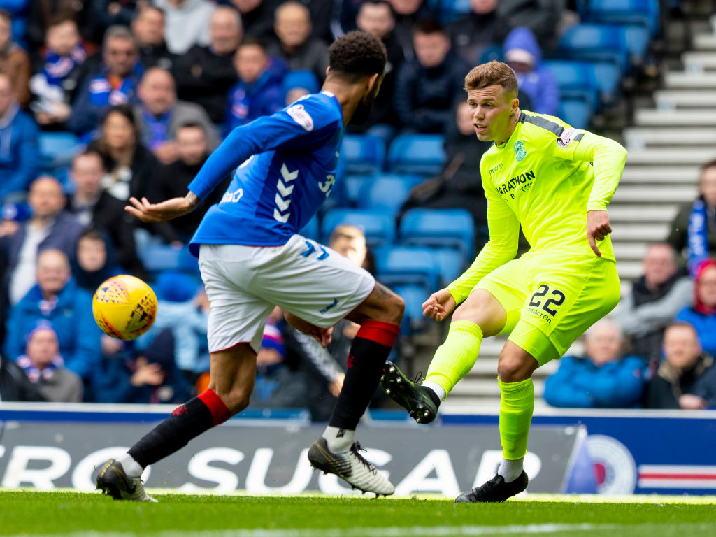 5th May 2019, Ibrox Stadium, Glasgow, Scotland; Ladbrokes Premiership football, Rangers versus Hibernian; Florian Kamberi of Hibernian gets cross in past James Tavernier of Rangers