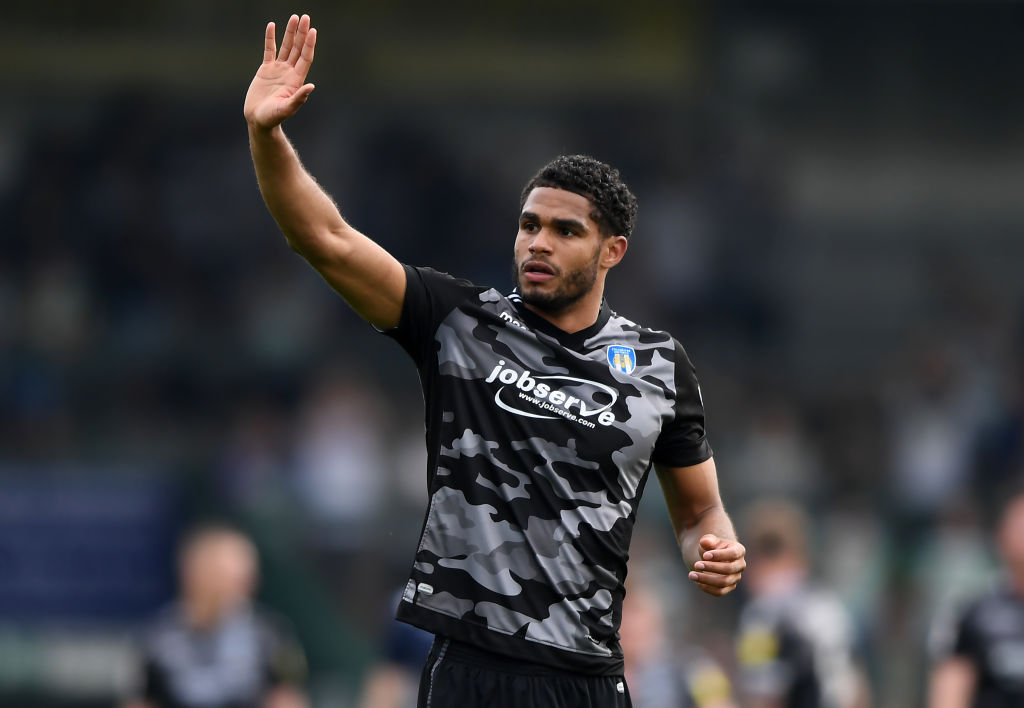 YEOVIL, ENGLAND - APRIL 22: Mikael Mandron of Colchester United applauds the crowd during the Sky Bet League Two match between Yeovil Town and Colchester United at Huish Park on April 22, 2019 in Yeovil, United Kingdom.