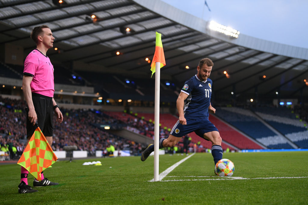 GLASGOW, SCOTLAND - JUNE 08: Ryan Fraser of Scotland kicks a corner during the UEFA Euro 2020 Qualifier match between Scotland and Cyprus at Hampden Park on June 08, 2019 in Glasgow, Scotland. Aberdeen