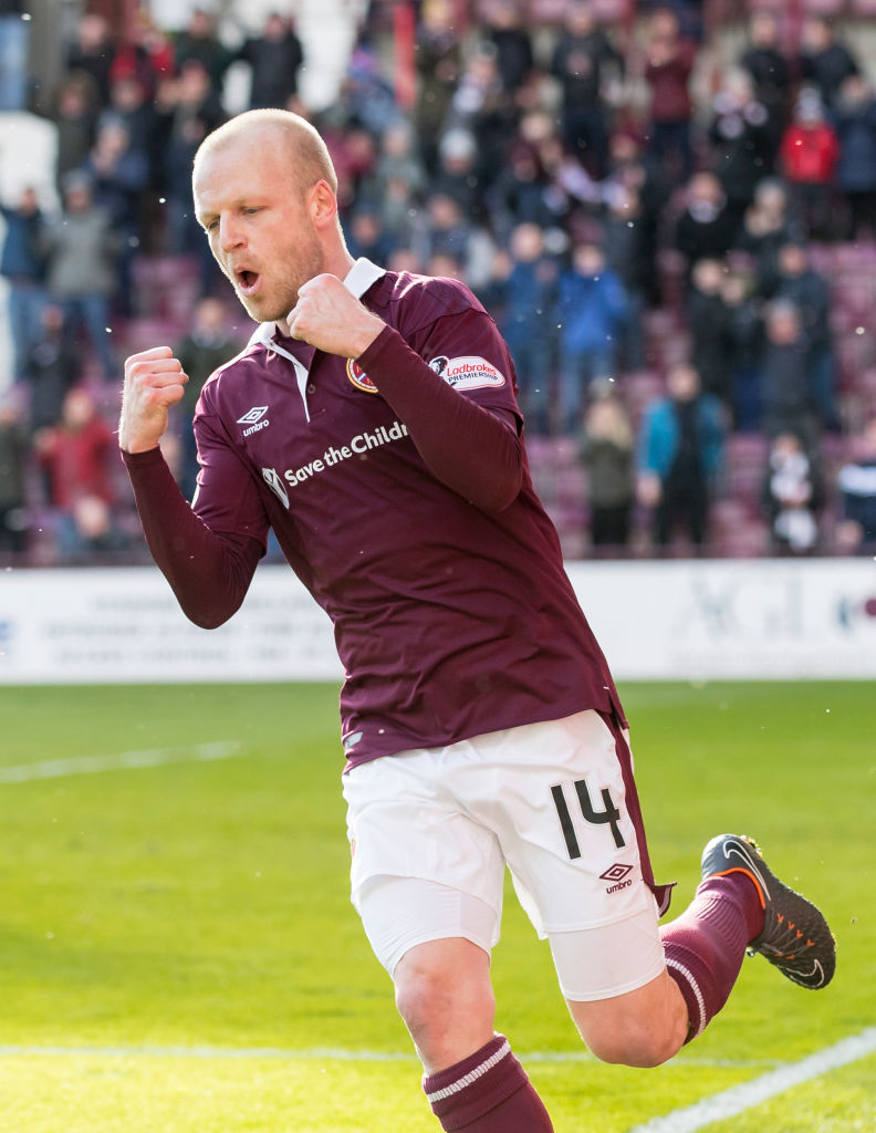 17th March 2018, Tynecastle Park, Edinburgh, Scotland; Scottish Premier League football, Heart of Midlothian versus Partick Thistle; Steven Naismith of Hearts celebrates his sides second goal