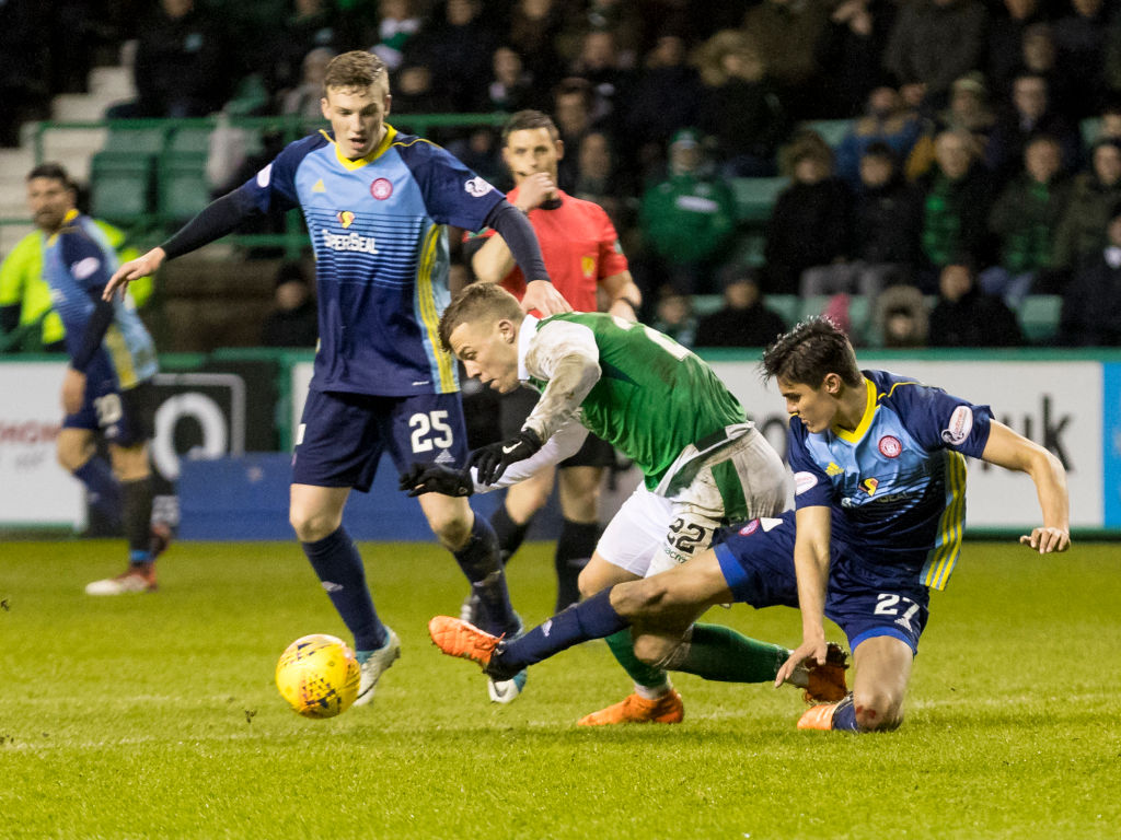 3rd April 2018, Easter Road, Edinburgh, Scotland; Scottish Premier League football, Hibernian versus Hamilton; Shaun Want (Hamilton) slides in on Florian Kamberi of Hibernian