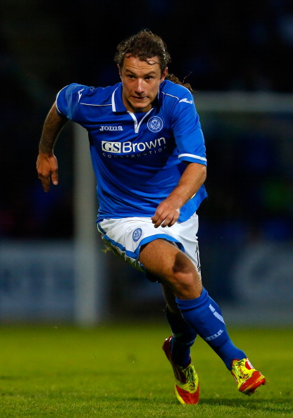 PERTH, UNITED KINGDOM - AUGUST 08: Stevie May of St Johnstone in action during the UEFA Europa League third qualifying round second leg match between St Johnstone and FC Minsk at McDiarmid Park stadium on August 8, 2013 in Perth, Scotland.