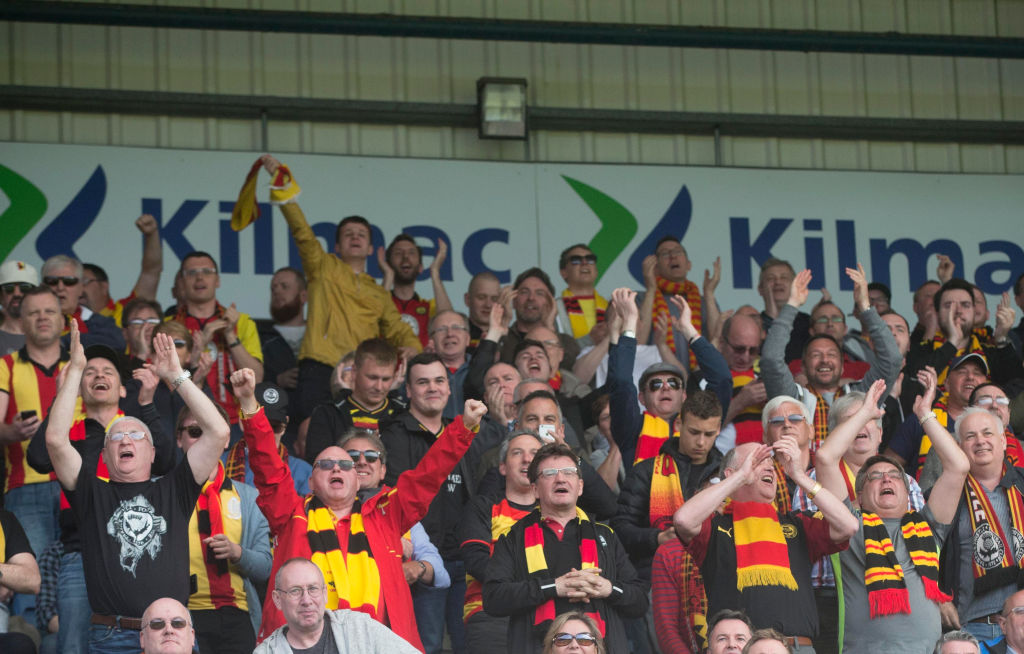 12th May 2018, Dens Park, Dundee, Scotland; Scottish Premier League football, Dundee versus Partick Thistle; Partick Thistle fans at the end as they win 1-0